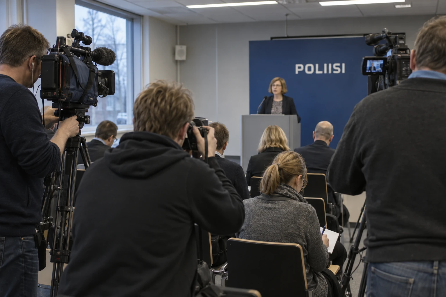 Toimittajia ja kuvaajia Lystikkälän poliisin tiedotustilaisuudessa.